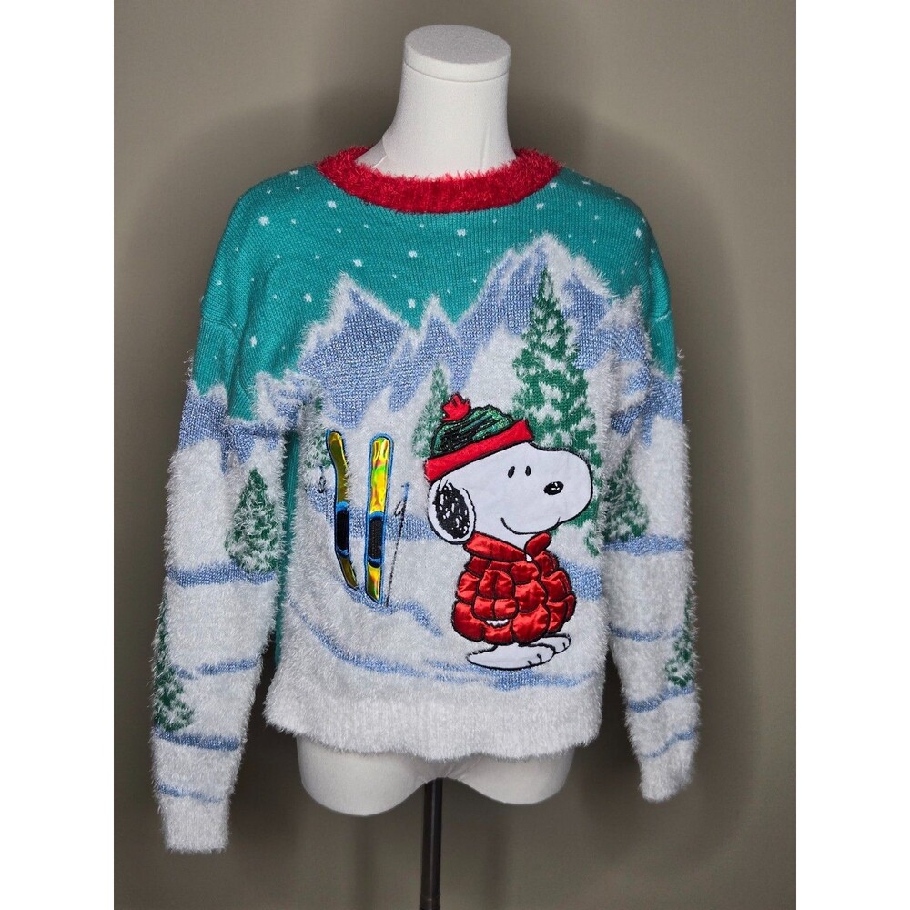 Peanuts Snoopy Womens Fuzzy Sweater Embroidered Knit Ugly Christmas Sz XXSmall